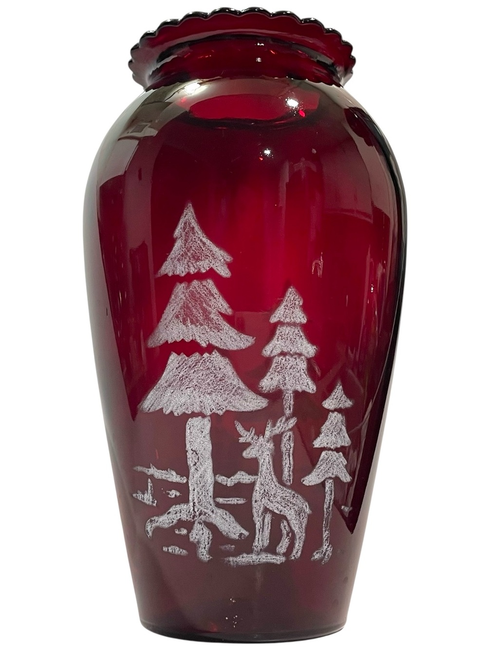 Vintage 1960s Anchor Hocking Royal Ruby Red Vase Winter Forest Frosted Deer Tree